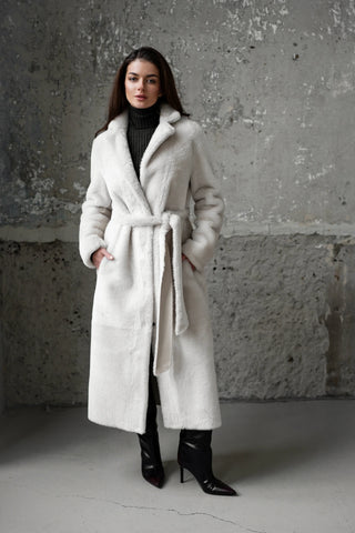 Maxi-length reversible merino shearling coat