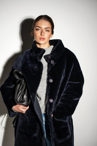 Midi-length merino shearling coat in navy