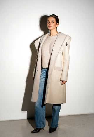 Beige midi-length shearling coat