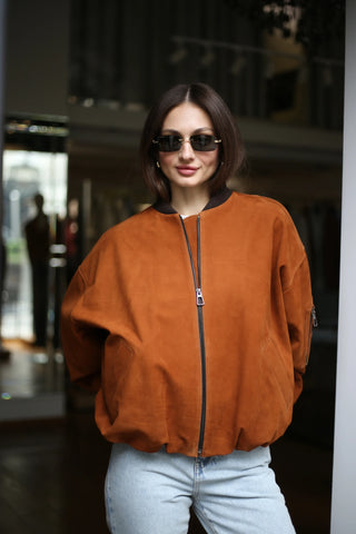 Tobacco suede bomber jacket