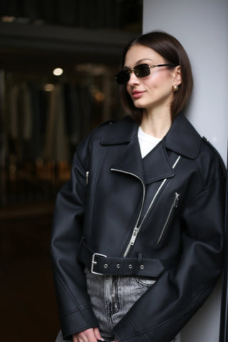 Black leather biker jacket