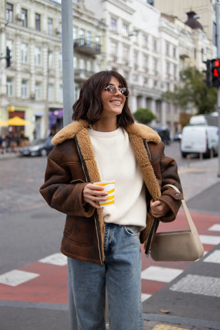 Whiskey-colored shearling coat